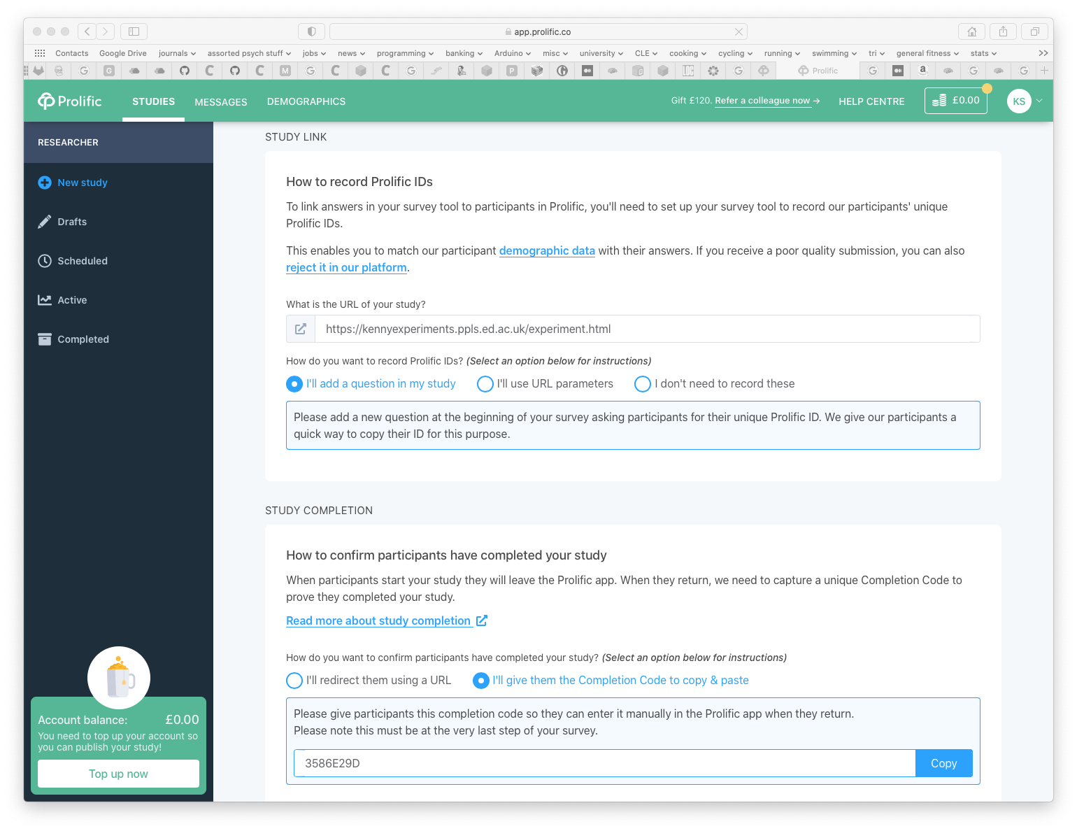 prolific study set-up with completion code